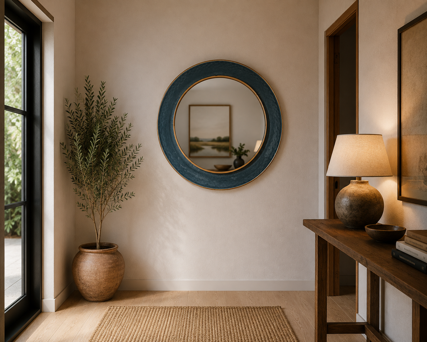 Mirror - Circle with Teal  Rim